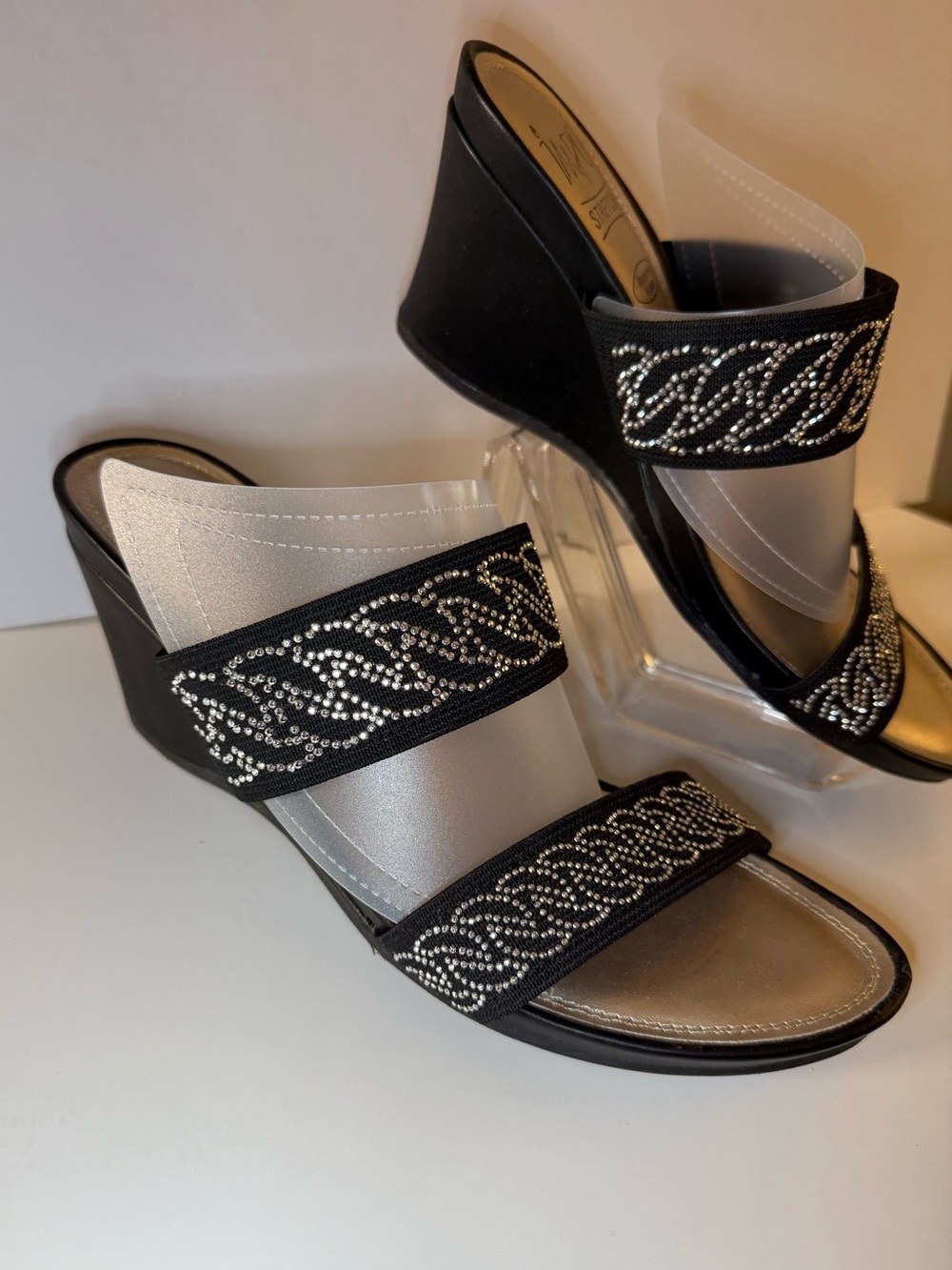 Impo Black Wedge Slide Sandals with Silver Beaded Straps